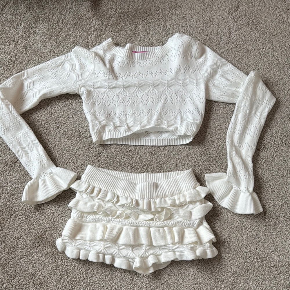 White Knit Crop Top and Ruffle Micro Shorts Set